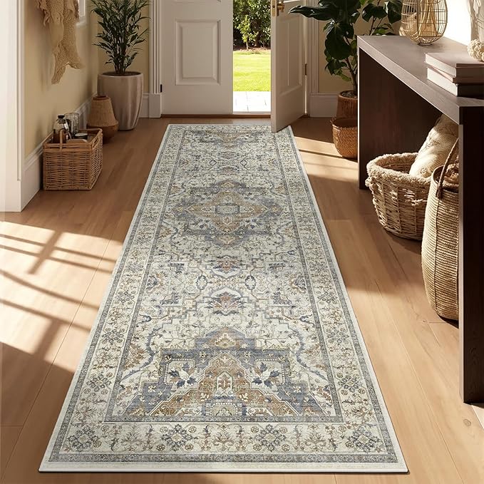 Washable Hallway Runner Rug - 3x8 Floor Carpet Rug Distressed Low Pile Mats Non Slip Soft Rugs for Dining Room with Rubber Backing Bedroom Runner with Vintage Design (Beige/Blue 3x8)