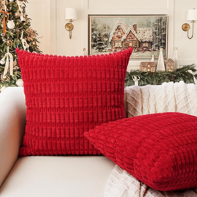 Softalker Corduroy Throw Pillow Covers 20x20 Set of 2, Soft Plush Decorative Square Cushion Cases for Living Room Couch Sofa, Modern Farmhouse Boho Home Decor 50x50cm, Red