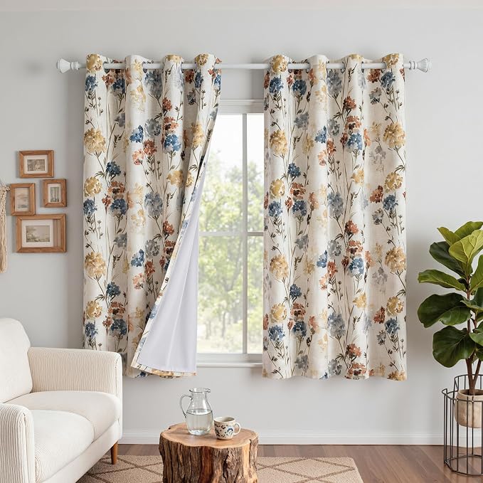 MYSKY HOME 100% Blackout Linen Floral Curtains 63 Inch Long 2 Panels for Bedroom Farmhouse Flower Patterned Double Layer Thermal Insulated Black Out Grommet Window Treatments, Yellow, 52" W Each Panel