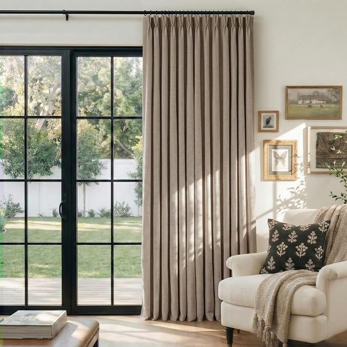 CAPALOCA Burlywood Birch Linen Pinch Pleated Curtains for Sliding Glass Door, 100% Blackout Extra Wide Curtains 90 Inch Long, Thermal Insulated Drapes for Living Room, 60" W x 90" L, 1 Panel