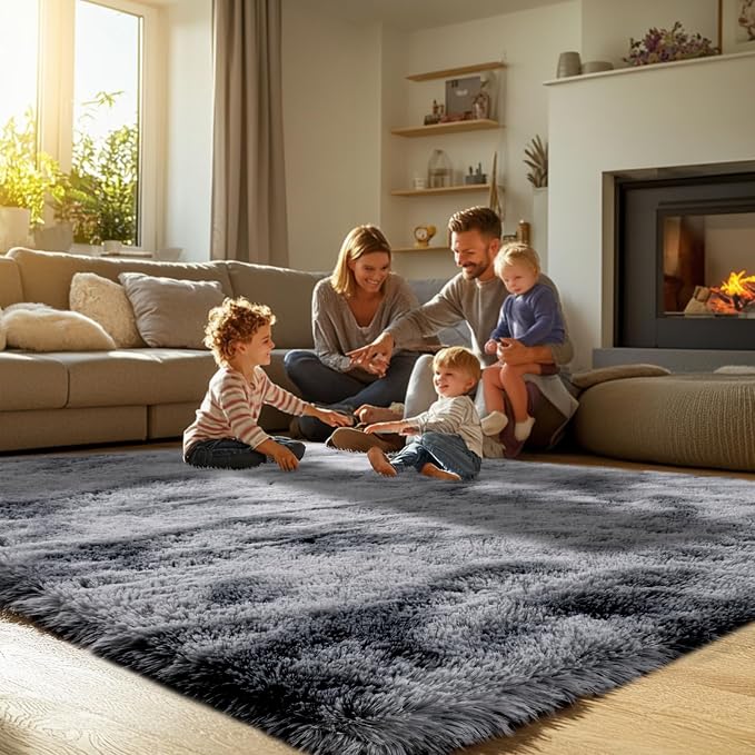 Fluffy 8x10 Area Rug Living Room: Shag Grey Area Rugs for Bedroom- Large Plush Soft Dark Gray Rugs for Living Room- Fuzzy Modern Carpets for Bedroom, Kids Room Decor (Tie-Dyed Dark Grey, 8x10Feet)
