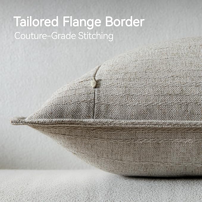 a moment Linen Pillow Covers Set of 2,Boho Farmhouse Throw Pillowcases Neutral Textured Decorative Covers for Couch Sofa Bed, Soft Linen Blend Accent Case Cushion Home Decor 20"x12"Beige Grey