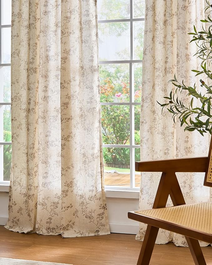 Lazzzy Floral Linen Curtains Farmhouse Extra Long Curtain for Living Room Bedroom Light Filtering Vintage Rod Pocket Back Tab Drapes for Home, 2 Panels, Taupe on Beige, W38 X L108