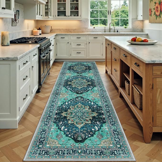 RELEANY Area Rugs Runner 3'x9' Washable Non-Slip, Floral Vintage Distress Medallion Carpet for Kitchen Hallway Bedroom Beside Laundry Room Bathroom, Teal Green Lake Blue Turquoise