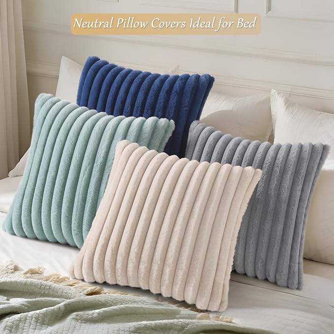 decorUhome Fall Faux Fur Throw Pillow Covers 18x18 Set of 4 Beige/Blue | Decorative Modern Farmhouse Soft Cozy Striped Pillow Cases Velvet Back for Sofa Bed Living Room Classic Accent Home Decor