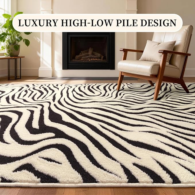 YIHOUSE Zebra Hallway Runner Rugs 2×6: Modern Washable Non Slip Kitchen Rug | Black and Cream White Stripe, Textured High Low Pile, Fluffy Soft, Carpet Runner for Entryway, Bedroom, Bathroom, Home Decor