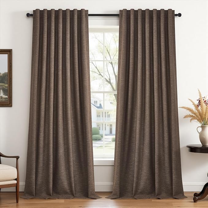 Topfinel 92 Inch Linen Blackout Curtains for Bedroom Living Room 2 Panels Memory Trained 100% Black Out Soundproof Room Darkening Back Tab Window Curtains Dark Brown