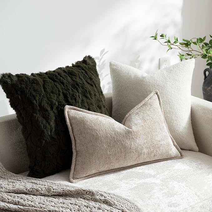 DEZENE Pack of 2 Tan Decorative Throw Pillow Covers 12x20 Cozy Soft Chenille Accent Vintage Rectangular Lumbar Couch Pillow Covers for Home Decor Bed Sofa Living Room