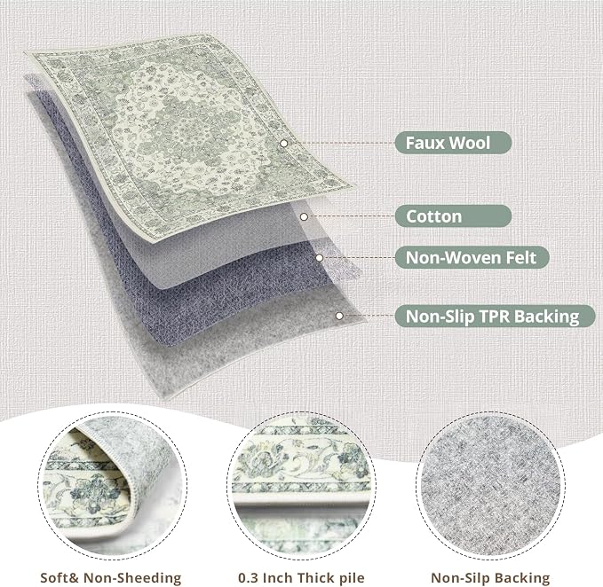 Green 8x10 Washable Large Area Rug, Non-Slip Soft Ultra-Thin Polyester Carpet with Vintage Vintage Stain Large Rug for Living Room, Bedroom, Dining Room & Open-Concept Spaces Oeko-TEX - Green