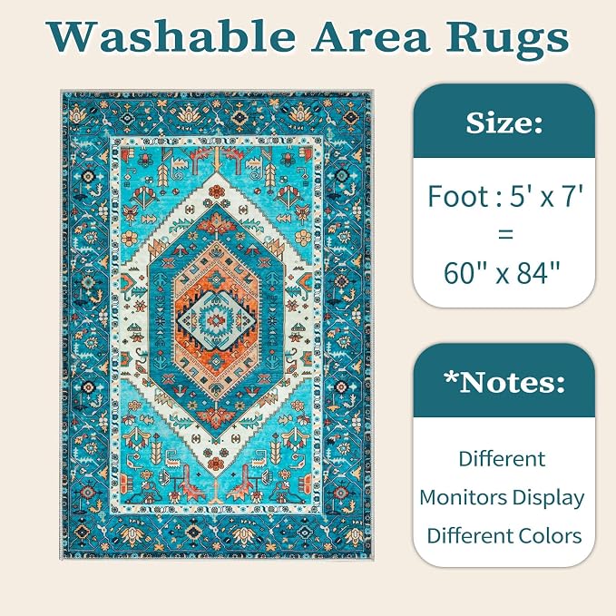 SERISSA Boho Area Rug 5x7 Blue, Washable Rugs for Living Room, Ultra Soft Non-Slip Bedroom Rug Print Distressed Vintage Tribal Farmhouse Carpet Rug for Dining Room Dorm Office Home Decor