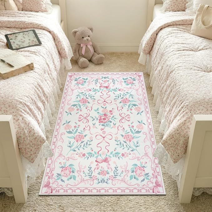 Collive 3x5 Nursery Rug, Boho Pink Floral Area Rugs Machine Washable, Soft Ultra-Thin Bow Carpet Non Slip for Girls Room Bedroom Entryway Playroom Living Room (Pink, 3' X 5')