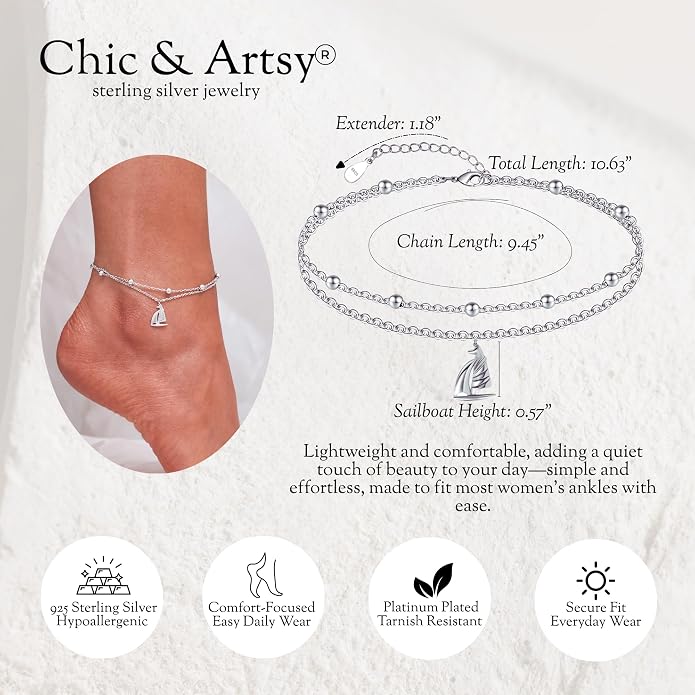 CHIC & ARTSY 925 Sterling Silver Ankle Bracelets for Women, Adjustable Layered Foot Chains with Nature & Symbol Charms, Lightweight Comfort Fit Boho Beach Everyday Jewelry