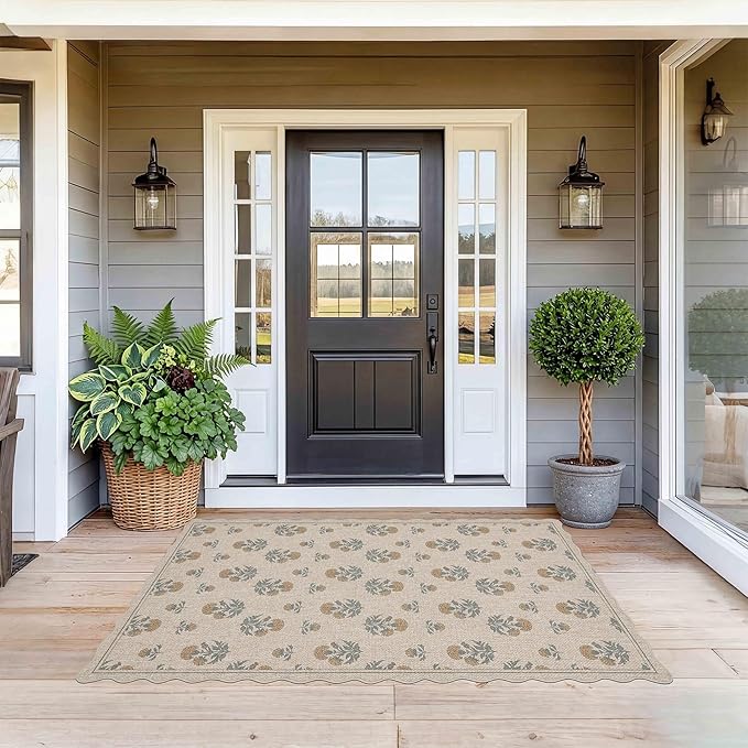 ORTIGIA Scalloped Easy Jute 3x5 Area Rug Vintage Yellow Floral Farmhouse Washable Rug Non-Slip Indoor Outdoor Carpet for Living Room Bedroom Kitchen Patio Entryway