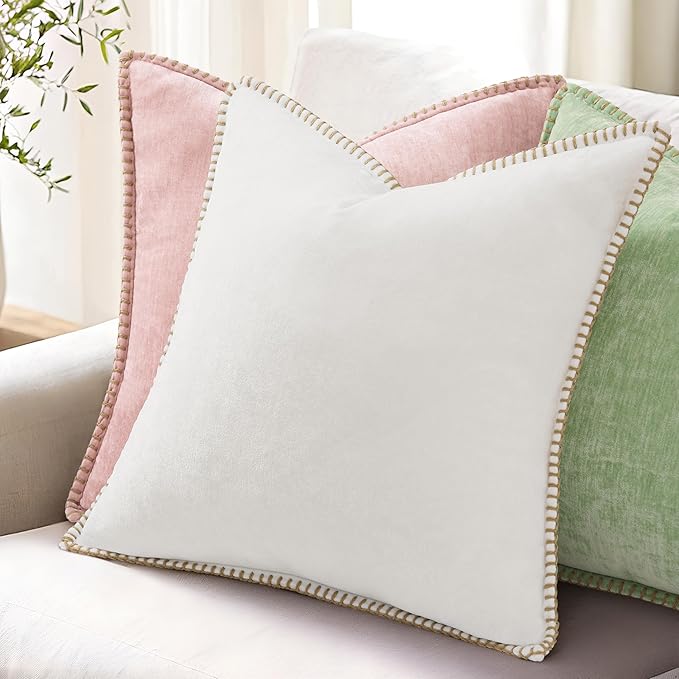 decorUhome Soft Chenille Throw Pillow Covers 18x18 Set of 2 Sage Green | Fall Textured Decorative Throw Pillow Cases Stitched Edge Modern Farmhouse Luxury Boho Velvet for Couch Sofa Bed Home Decor