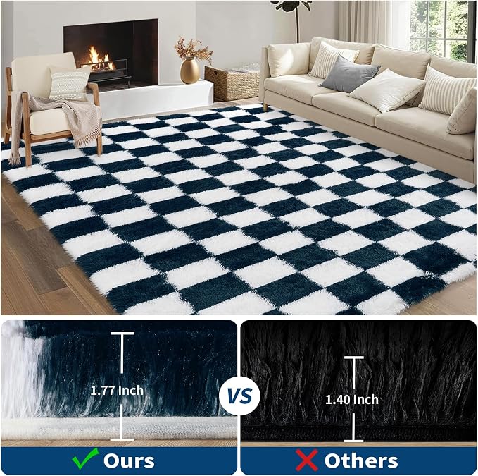 Garvee Checkered Area Rug 10x13 Large Rug Thick Super Soft Shaggy Rugs Fluffy Carpet Fluffy Fuzzy Shag Washable Rugs for Living Room Nursery Bedroom Luxury Playroom Teen Plush Carpets,Blue-White
