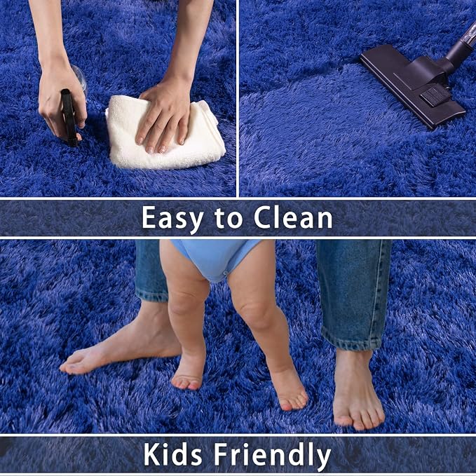Dssimo Blue Fluffy Rugs for Living Room Bedroom, 9x12 Shaggy Area Rug | Large Plush Furry Upgrade Non-Slip Blue Area Rug for Nursery Kids Room Dorm Room Home Decor, Indoor Floor Carpet