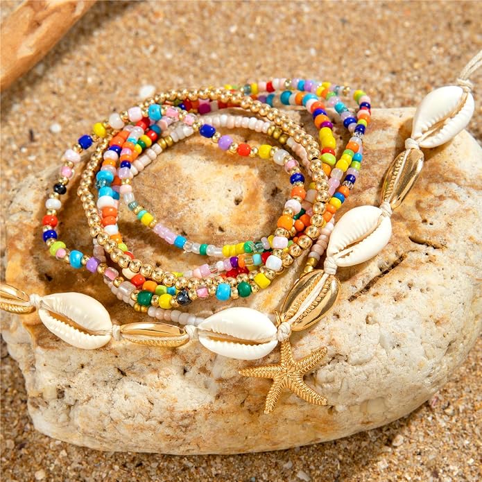Boho Beaded Shell Anklet Bracelets for Women, 7 Pcs Layered Cowrie Shell & Colorful Beaded Ankle Bracelets with Gold Starfish Charm, Adjustable Summer Beach Foot Jewelry Gifts