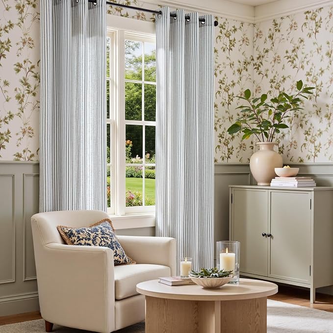 Vangao Linen Striped Curtains for Living Room Bedroom Farmhouse Tickingstripe Light Filtering Window Curtains Printed Drapes Grommet Top 2 Panels Blue W50 x L108