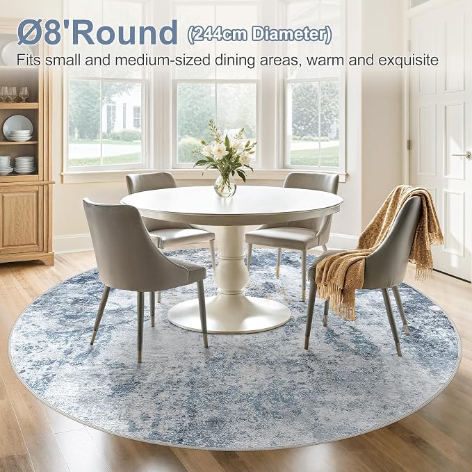 DMOYEST 8ft Round Area Rug for Living Room - 8x8 Washable & Non Slip Circle Rug, Kid & Pet Friendly Soft Low Pile Abstract Carpet for Bedroom and Dining Room - Blue