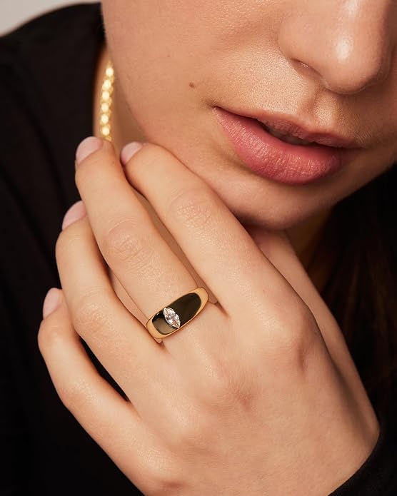 PAVOI 14K Gold Plated Chunky Dome Statement Ring for Women | Marquise Cubic Zirconia Dome Ring | Thick Stackable Bands (Yellow Gold, 6)