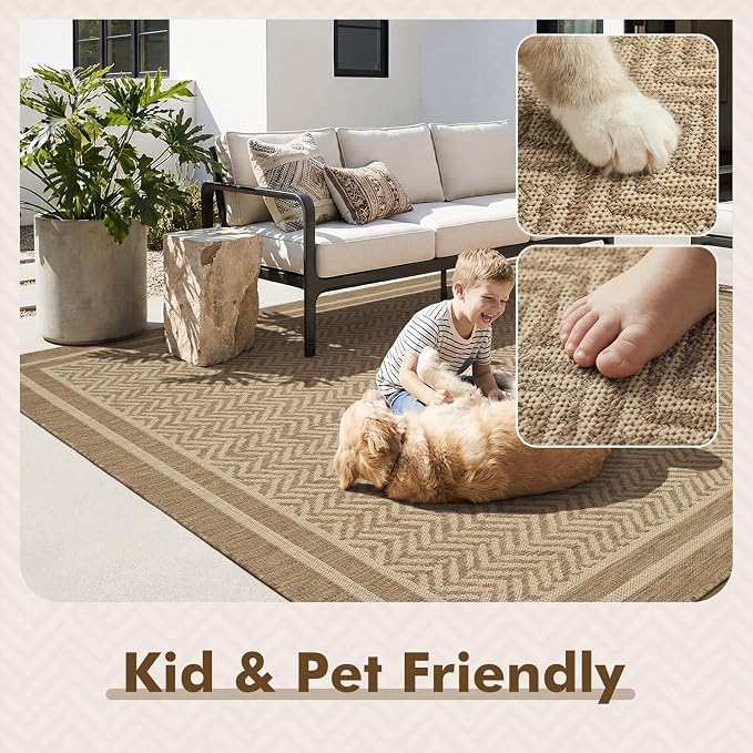 MontVoo-3x5 Outdoor Rug Porch Entryway Rug-Polypropylene Indoor Outdoor Rugs for Entryway Kitchen Balcony Patio, Textured Weave, Durable, Fade-Resistant, Non-Shedding, Boho Geometric Neutral Brown