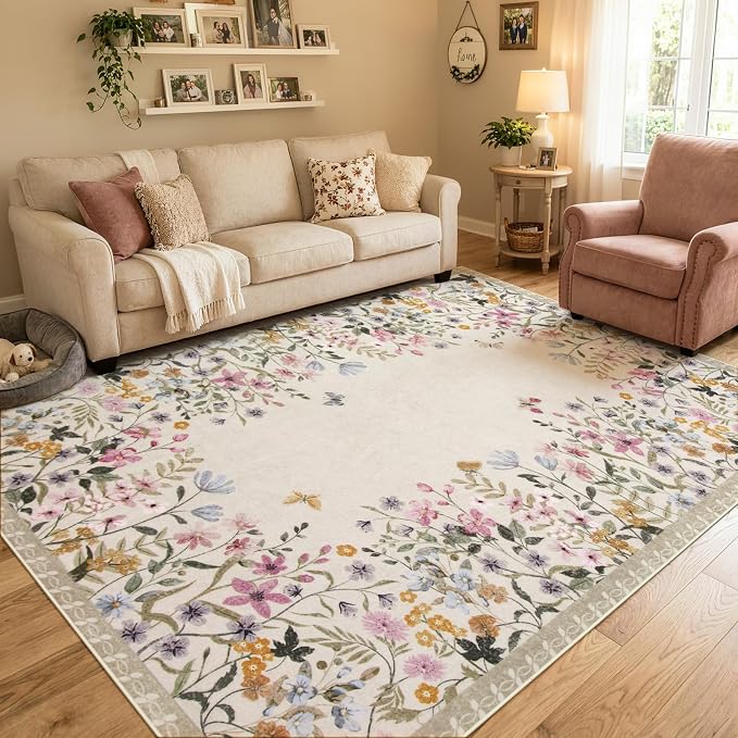 Wonnitar 8x10 Washable Area Rug, Beige Floral Rug for Living Room, Boho Large Non Slip Bedroom Carpet, Low Pile Soft Nursery Rug, Farmhouse Dining Room Decor (8x10 Beige)
