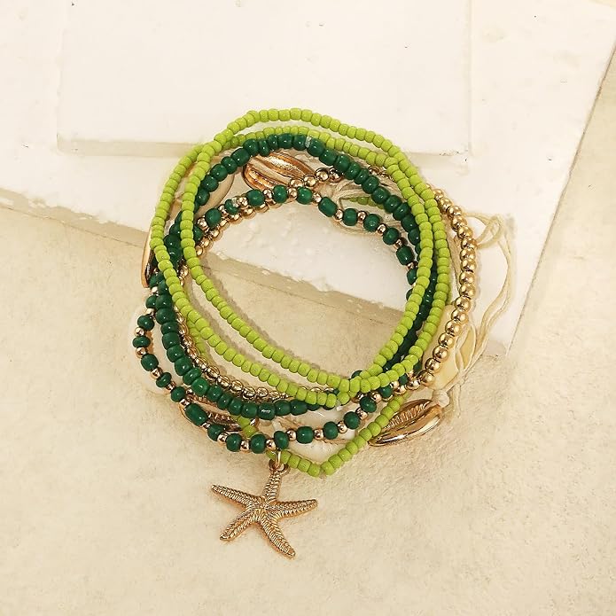 Shell Anklets Bracelet for Women Waterproof Surfer Starfish Bracelet Puka Shell Anklet Colorful Boho Stack Stretch Bead Bracelet Set Hawaii Summer Beach Vacation Foot Jewelry
