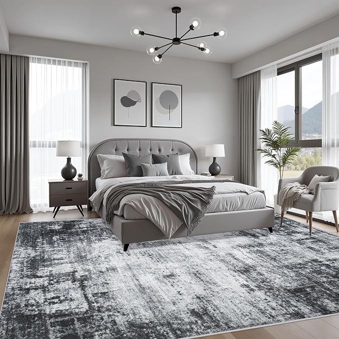 5x8 Area Rug Living Room Rug: Washable Modern Abstract Soft Thin Rug Indoor Floor No Slip Stain Resistant Carpet for Bedroom Dining Room Farmhouse Nursery Home Office - Dark Black