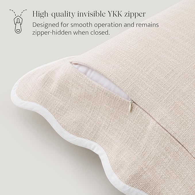 Double Stitch Scalloped Throw Pillow Covers - 100% Cotton Set of 2 Decorative Boho Pillow Covers 20 x 20, Made in India, Square Cushion Case, Modern Home Decor for Couch Sofa Living Room, Oat Milk