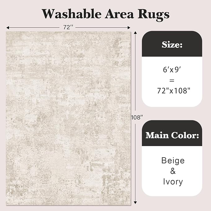 Art&Tuft Washable Rugs 6x9, Anti-Slip Backing Abstract 6x9 Area Rugs, Stain Resistant Rugs for Living Room, Foldable Machine Washable Area Rug (6'x9', Beige)