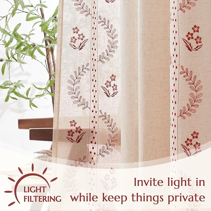 jinchan Floral Linen Curtains 84 Inch Back Tab 2 Panels Burgundy Red | Embroidered curtains,boho curtains,living room,bedroom,light filtering,privacy,flower patterned drapes,window treatment