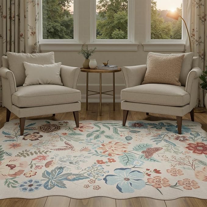DCX Beige Floral Rug 4x6, Washable Beige Rug for Living Room, Kid & Pet Friendly with Rubber Back Non Slip, Soft Low Pile Carpet, Stain Resistant Rug for Bedroom, Nursery, Dining Room