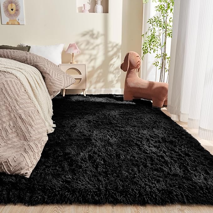 OPPODREAM 9x12 Black Rugs for Bedroom, Ultra-Soft Fluffy Area Rugs for Living Room, 9 x 12 Shag Carpet for Nursery, Kids, Girl, Boy, Baby, Plush, Fuzzy, Shaggy, Cute Home Decor