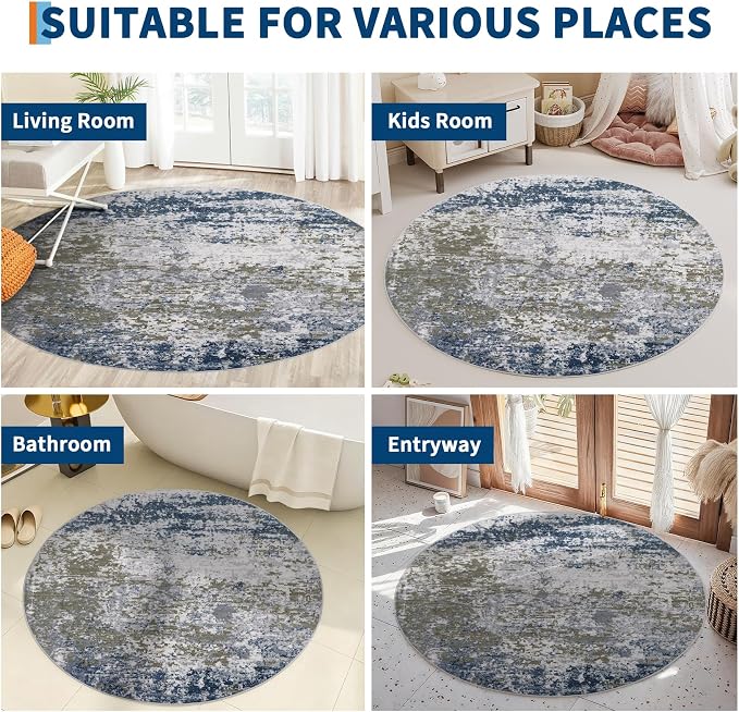 ROYHOME Modern Abstract 8x8 Round Area Rug Non Slip Non Shedding Rug Low Pile Stain Resistant for Bedroom Living Room Office Dining Room,Navy
