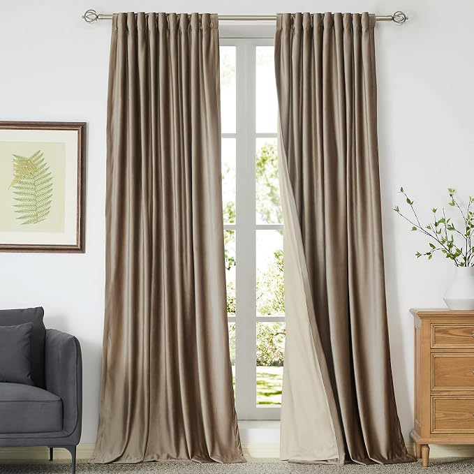 PRIMROSE Blackout Taupe Velvet Curtains 72 inch Long for Living Room,Set of 2 Panels Liner Rod Pocket Back Tab Thermal Window Curtains Drapes Room Darkening Heavy Decorative Curtains for Bedroom