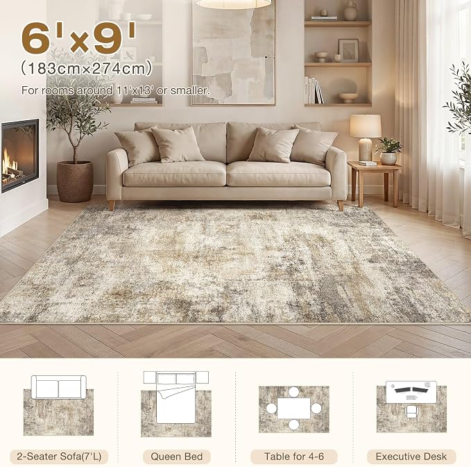cotiled 6x9 Area Rugs Abstract Soft Non Slip Washable Living Room Rug | Stain Resistant, Robot Vacuum & Pet Friendly, Low-pile, For Living Room, Bedroom, Dining Table, Nursery Brown