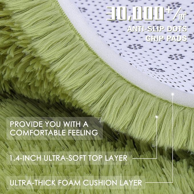 OLANLY Grass Green Round Rugs for Bedroom - Machine Washable, 6 ft Circle Area Rugs for Living Room, Soft and Fluffy Shaggy Carpet for Teen Girls and Boys, Nursery Rooms, Dorms, Home Decor Aesthetic
