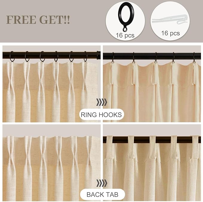 IVAPUPU Sheer Curtains 84 Inches Long for Living Room, Pinch Pleated Linen Blend Curtain Rustic Textured Light Filtering Back Tab Drapes with Hooks Rings for Bedroom Dining Room, Sand Beige, W40xL84
