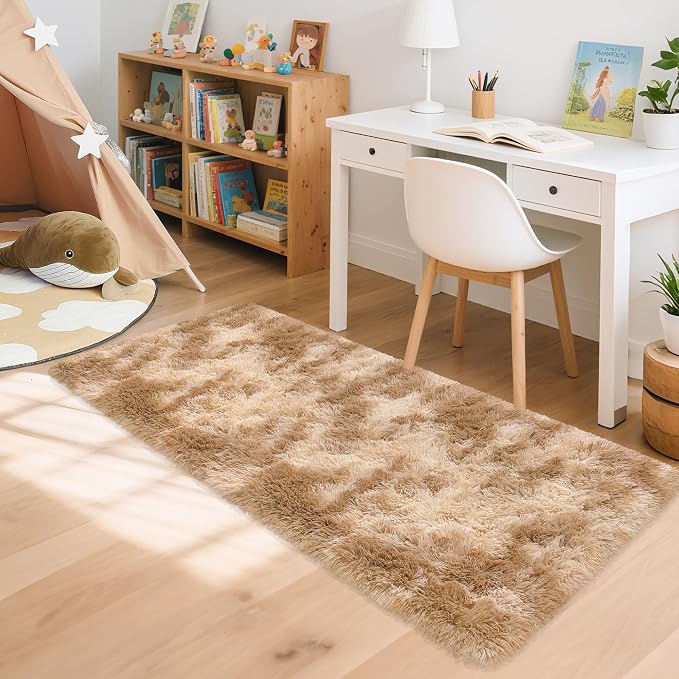 2x5 Feet Beige Fluffy Runner Rug for Bedroom, Soft Plush Shag Carpet Non Slip Washable Long Rug for Hallway Nursery Dorm Living Room, Fuzzy Bedside Rug for Kids Girls Room Decor