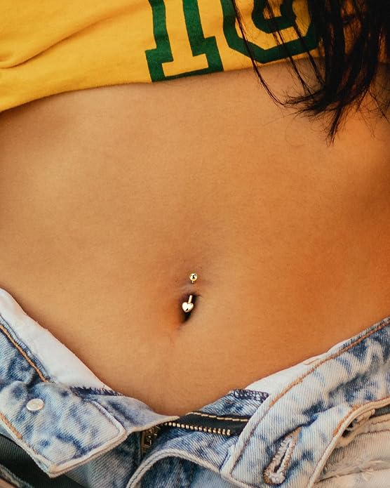 Melighting 9K Solid Gold Belly Button Ring With Heart and Clear CZ - 14G Navel Piercing Jewelry for Women