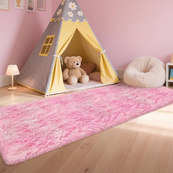 2x8 Pink Fuzzy Rug Runner for Bedroom Girls, Pink Shag Rug for Girls Room Bedside Living Room Hallway Plush Fuffy Carpet Runner for Kids Room Nursery Home
