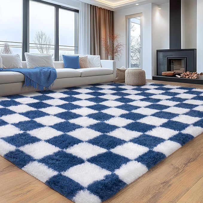Checkered Rugs for Living Room, 6x9 Area Rug for Bedroom | Shaggy Shag Carpet, Soft and Comfy, Non Slip Big Fuzzy Carpet for Bedroom Nursery Kids Girls Boys Room Dorm Home Decor