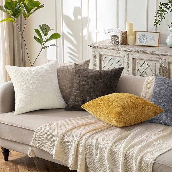decorUhome Textured Chenille Throw Pillow Covers 24x24 Set of 2 Dark Brown | Fall Modern Farmhouse Soft Cozy Slubby Couch Pillow Cases Boho Decorative Pillow Cases for Bed Sofa Living Room Home Decor