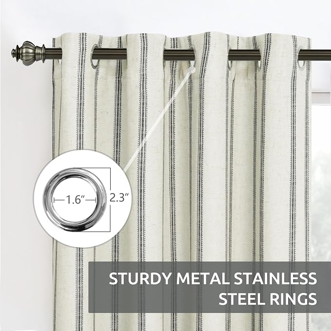 DriftAway Farmhouse Linen Stripe Blackout Curtains, W52xL84, Black | Blackout, Linen Texture, Stripe Pattern, Rod Pocket & Back Tab, Two Layers, Bedroom Living Room Use, Sound Reducing Design
