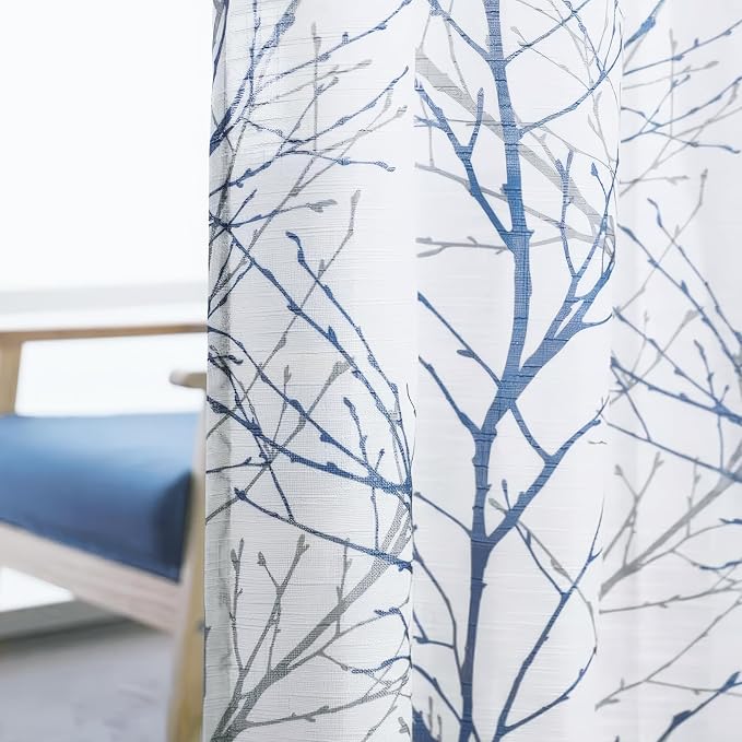 FMFUNCTEX Linen Blue White Semi Sheer Patio Curtains 84 Inch Long 1 Panel | Extra Wide Sheer Patterned Patio Door Drapes, Tree Branch Print, Grommet Top for Sliding Doors and Airy Farmhouse Privacy