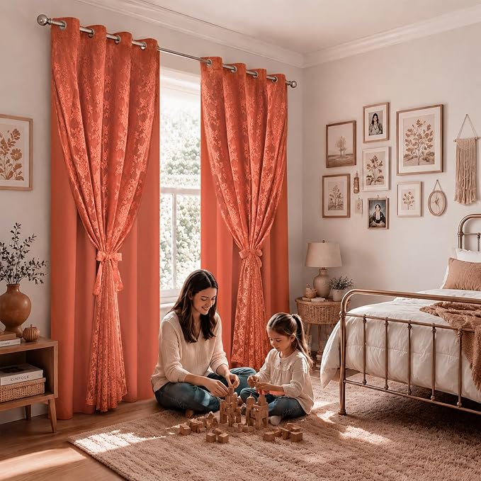 Yinhua Terracotta Curtains for Living Room Double Layer Curtain with Sheer Overlay Farmhouse Blackout Curtains for Bedroom 84 Inch Length, Grommet Drapes with Tiebacks, 2 Panels