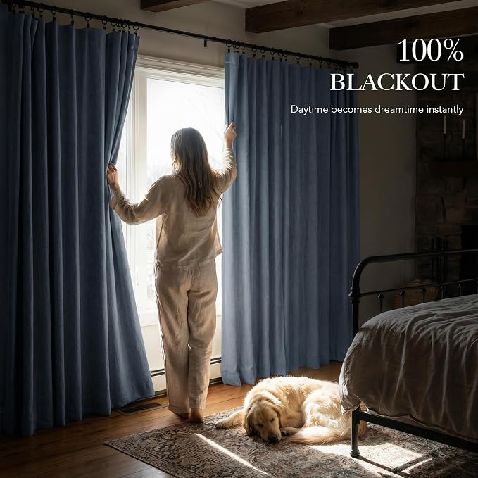 RYB HOME Smoky Blue 100% Blackout Linen Curtains 78 inch Long, Insulated & Privacy Assurd Home Decor Drapes for Bedroom/Office/Nursery, Rod Pocket & Back Tab Window Treatment, W52 X L78, 2 Panels