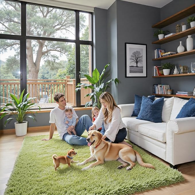 Fluffy Rug Shag Area Rug,Grass Green 3x5 Area Rugs for Bedroom | Non-Slip Small Soft Bedside Rug for Entryway,Living Room and Home Office