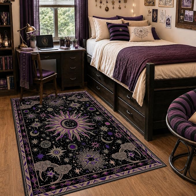 Vacuum-Friendly, 4x6 Washable Area Rug, Black Purple Beige | Sun and Moon Boho Gothic Non-Slip Low Pile Living Roon Bedroom Dining Room Kitchen Entry Entryway Entrance Hallway Doormat