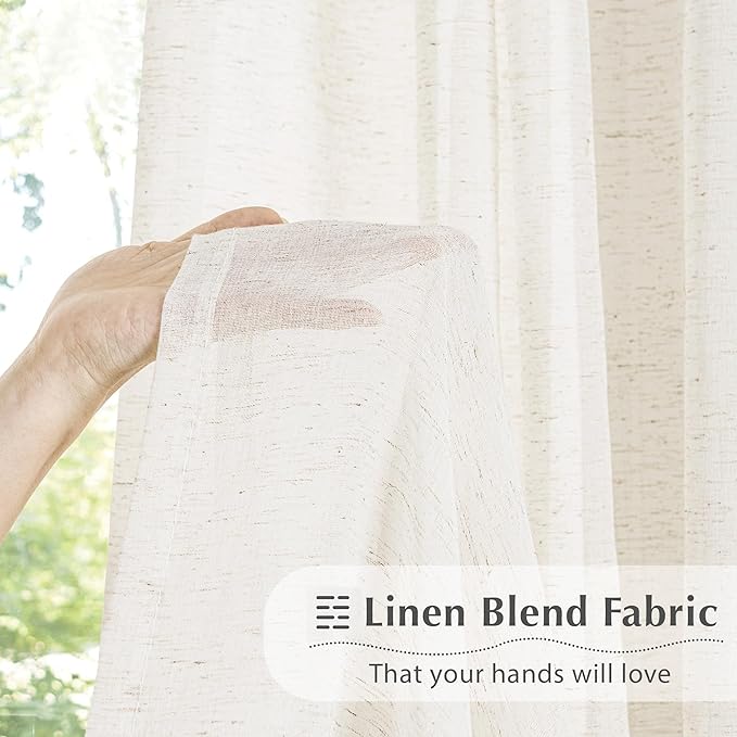 FMFUNCTEX Beige Linen Pinch Pleated Sheer Curtains 90 Inch Long 2 Panels | Natural Semi Sheer Window Drapes French See Through for Bedroom and Living Room, Farmhouse Privacy